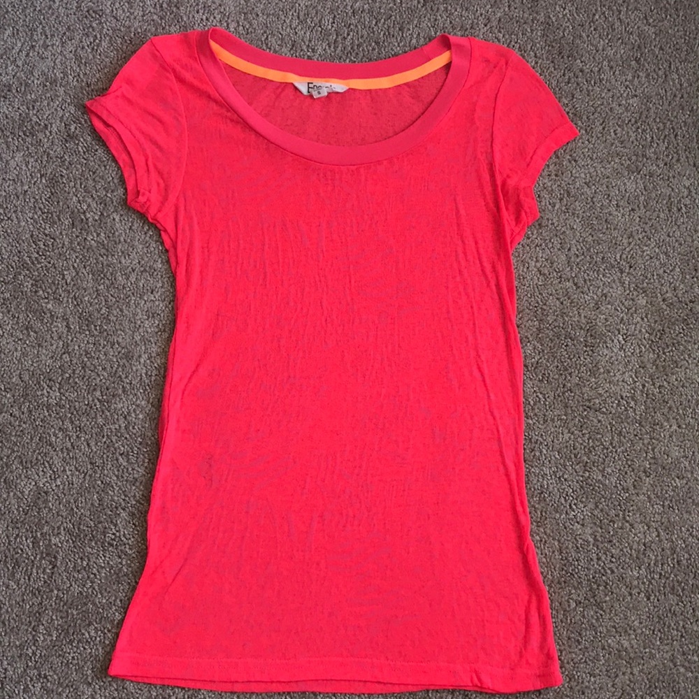 Neon orangey shirt with a light zebra print